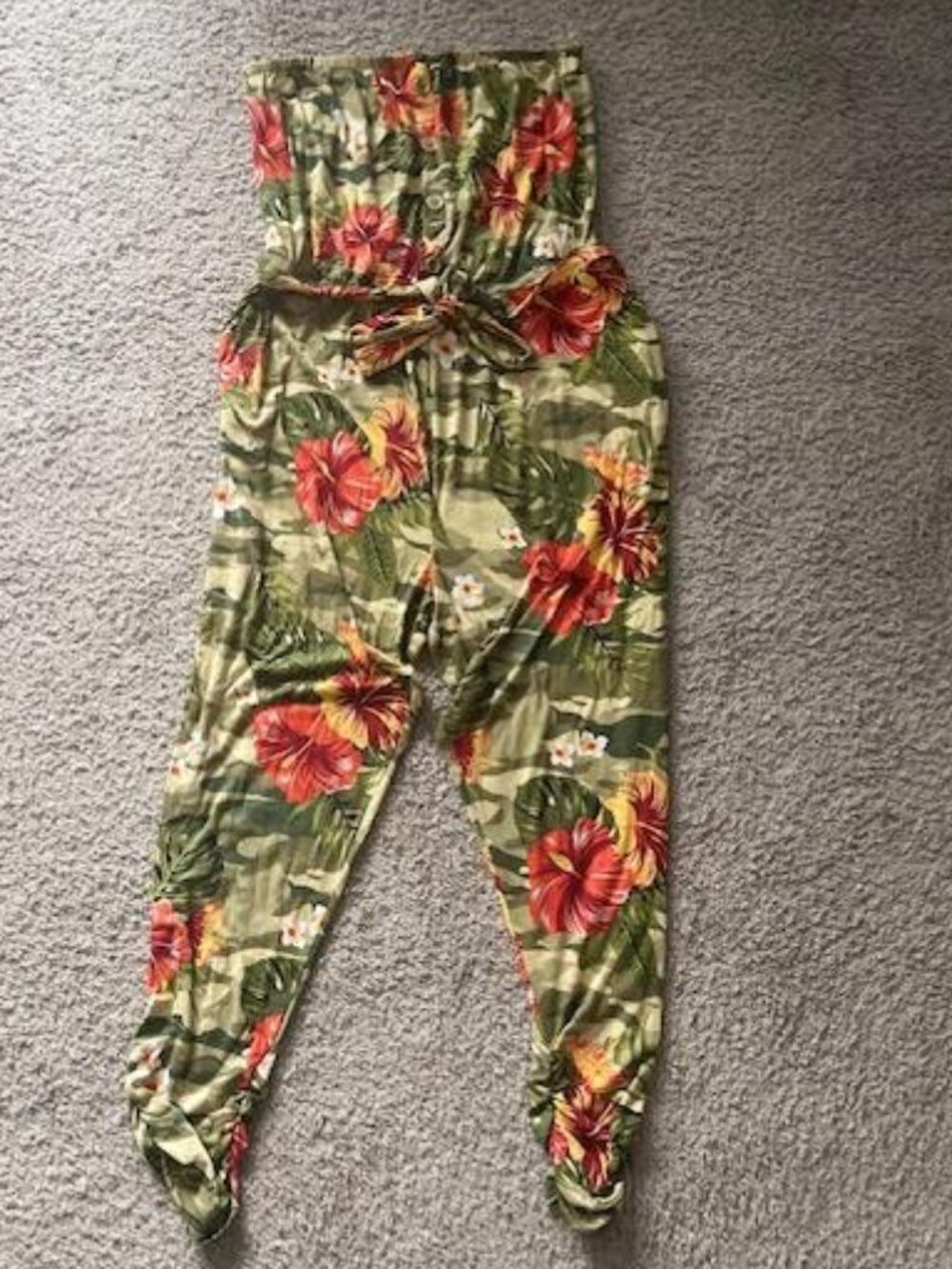 Women’s Plus Size 2X Olive Green Floral Strapless Jumpsuit Belted